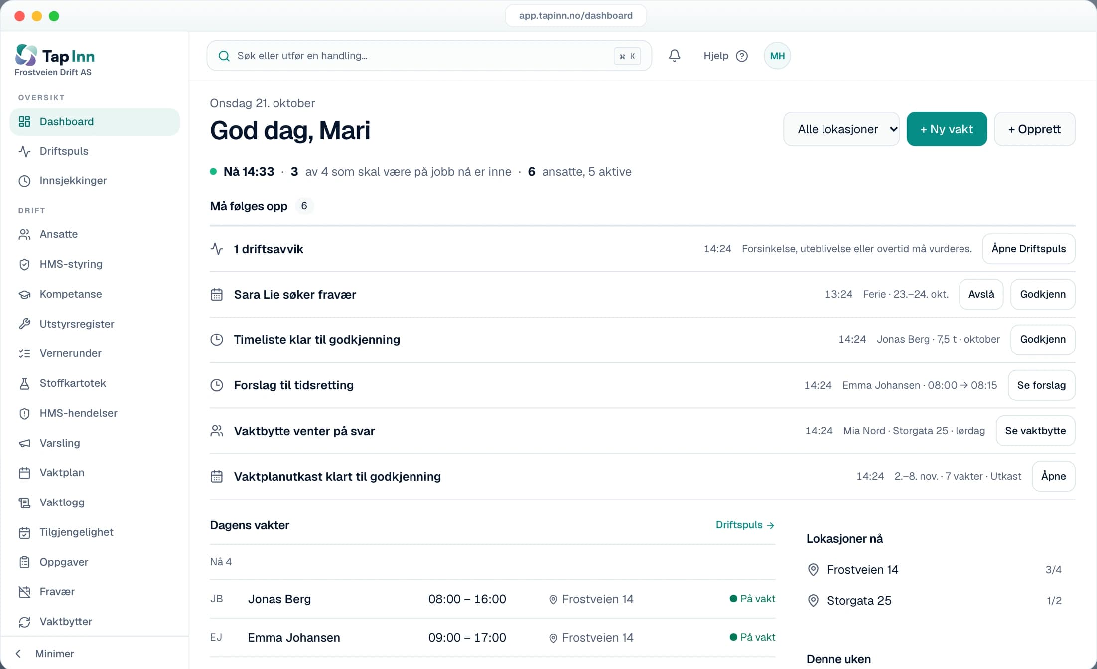 TapInn lederportal i offentlig demo med fiktive data, vist som eksempel på gjennomgang av timer